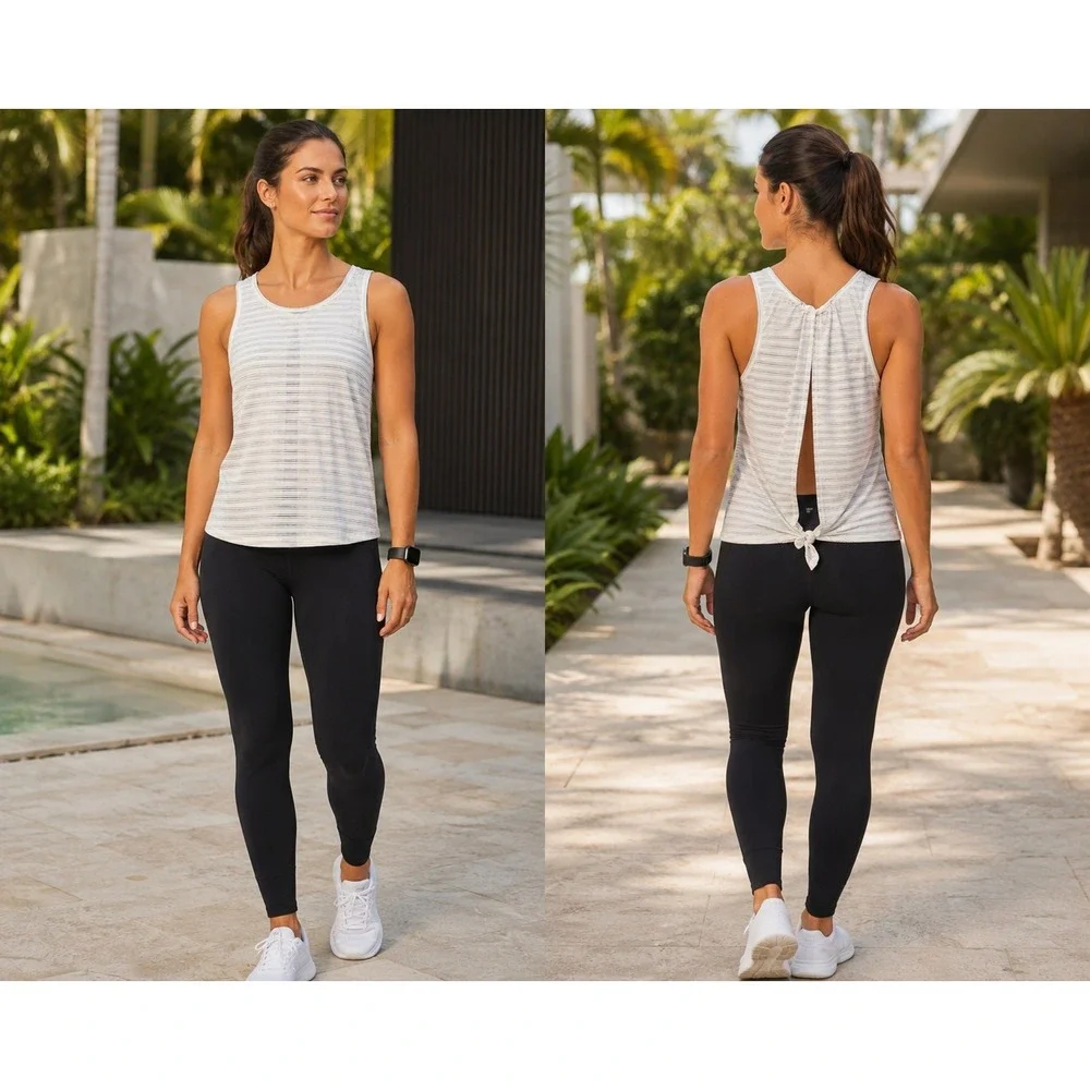 Lululemon Meet Halfway Tank Top Womens Striped White Size 8 Open Back Tie Back